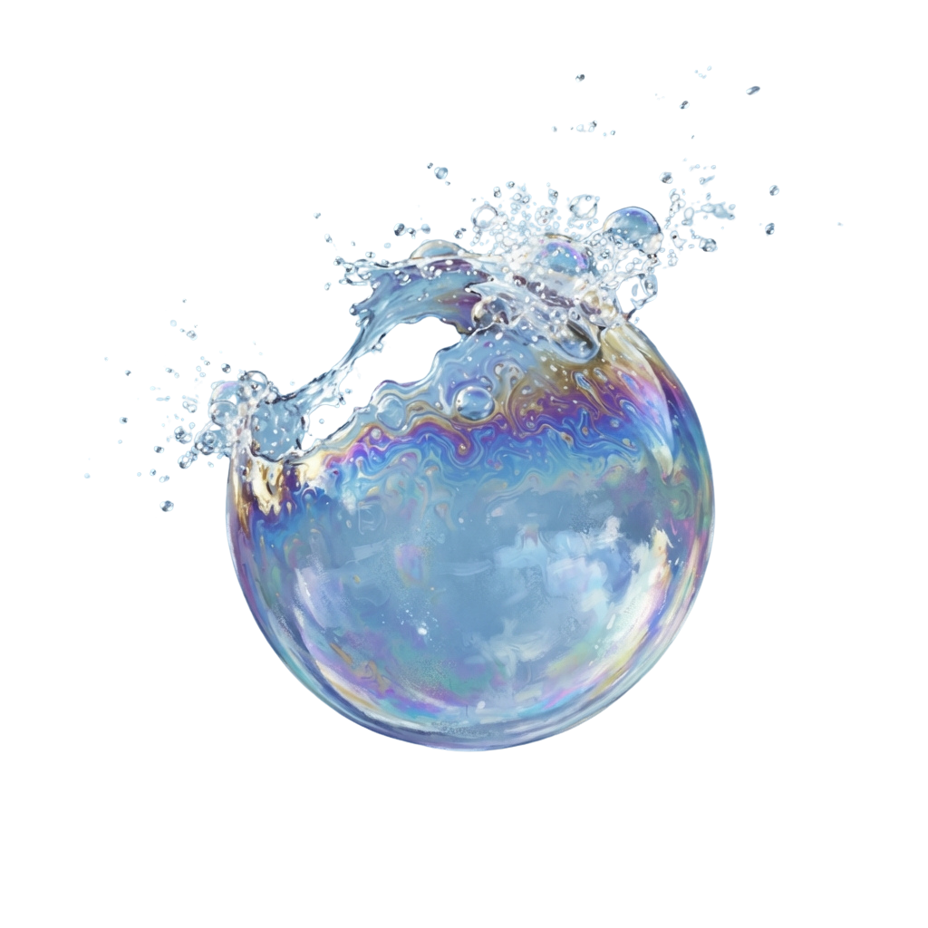 A large soap bubble bursting with iridescent colors and water droplets splashing around it