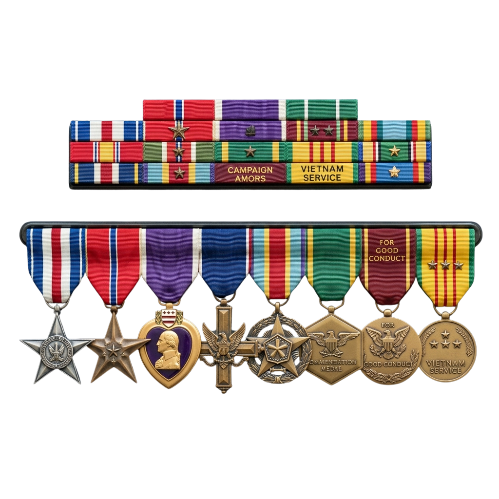 Display of military medals and ribbons including stars, campaign ribbons, and service medals on a bar.