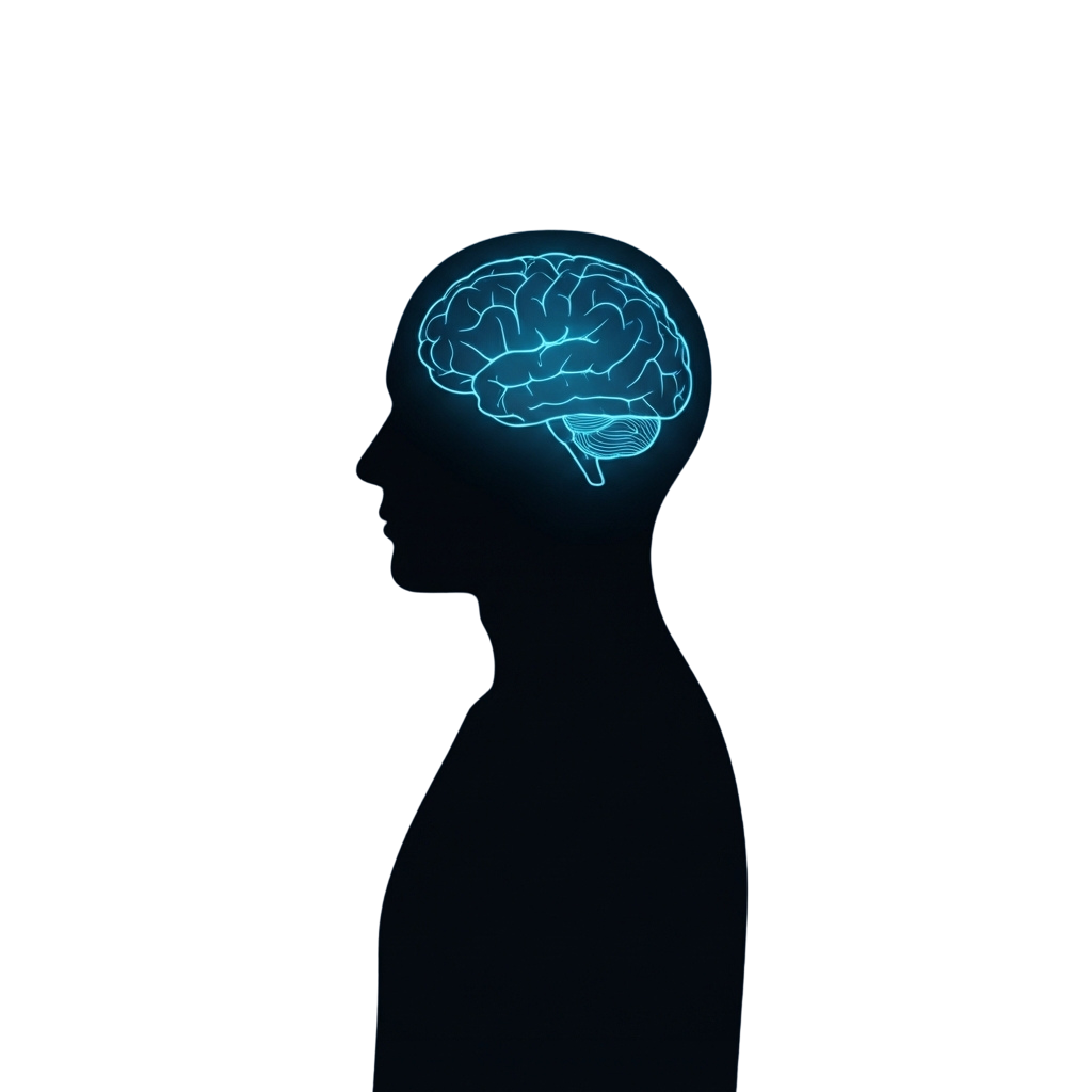 Silhouette of a human head with a glowing blue brain inside