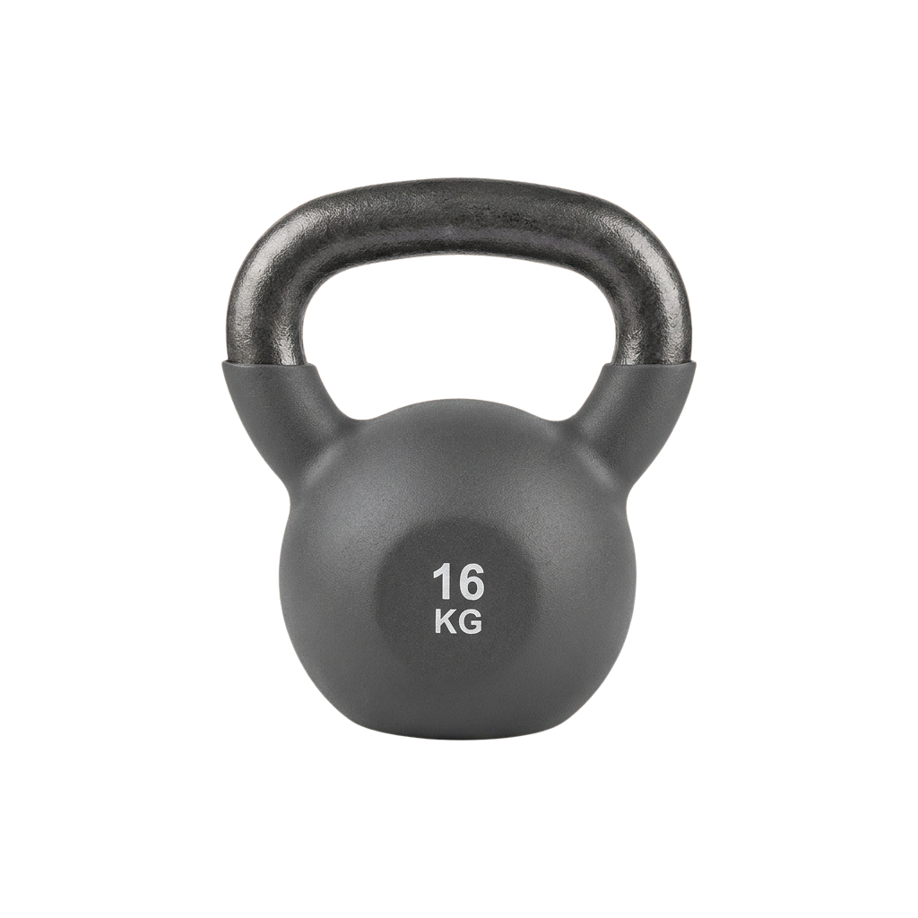 A 16-kilogram kettlebell with a black handle and body, labeled 16 KG