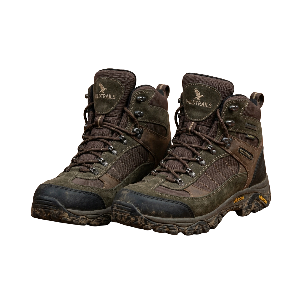 Pair of sturdy green hiking boots with laces and a rugged sole against a black background