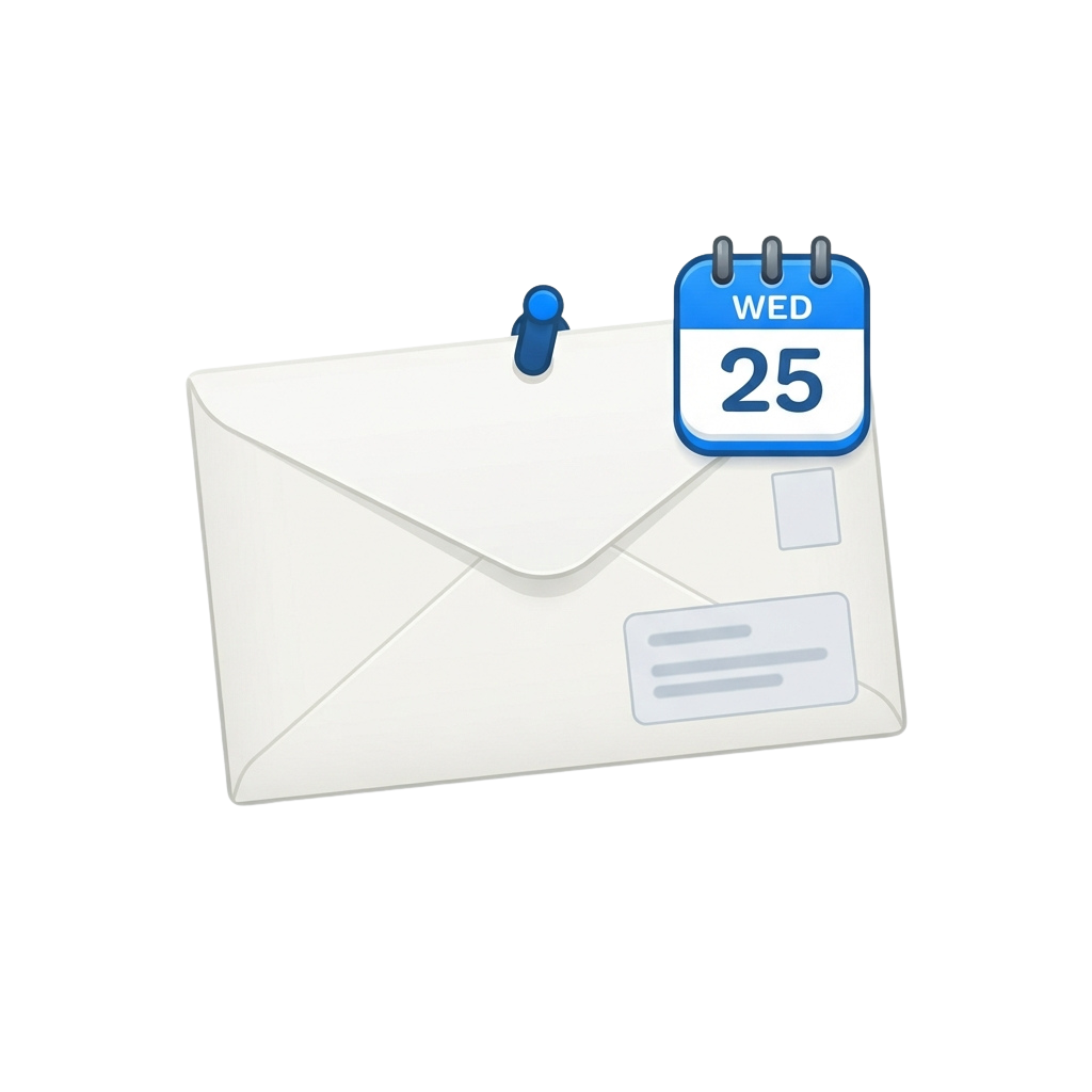 White envelope icon pinned to a calendar marking Wednesday the 25th