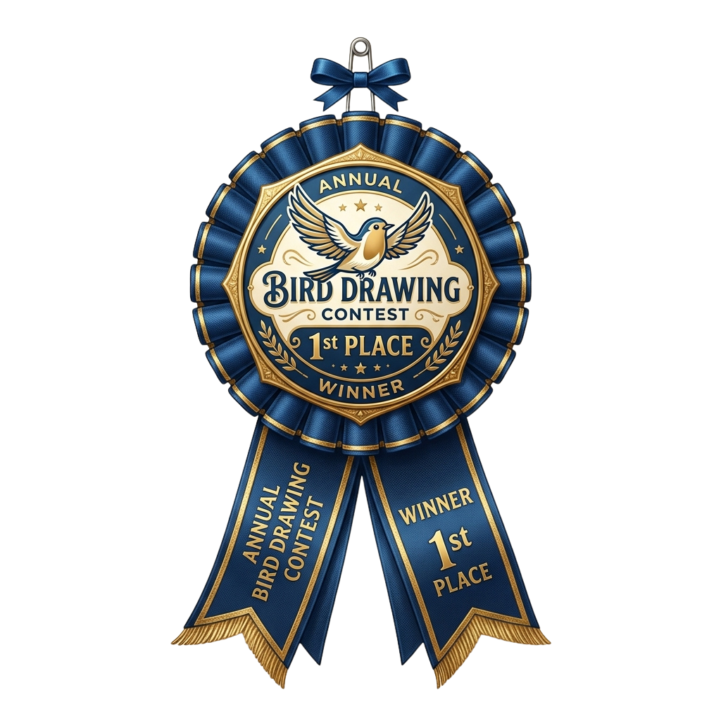 A decorative blue and gold ribbon award for first place in an annual bird drawing contest with a bird illustration