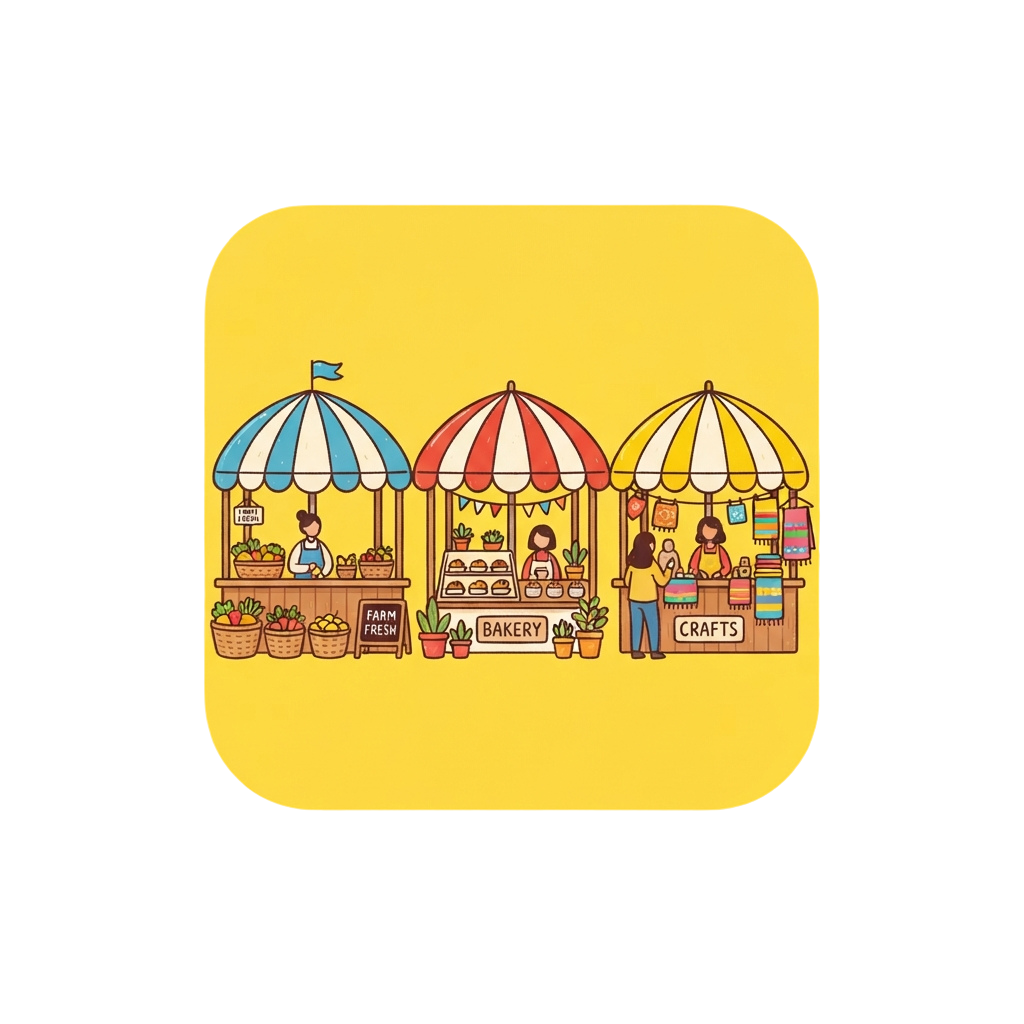 Illustration of three market stalls with umbrellas selling fresh produce, baked goods, and crafts