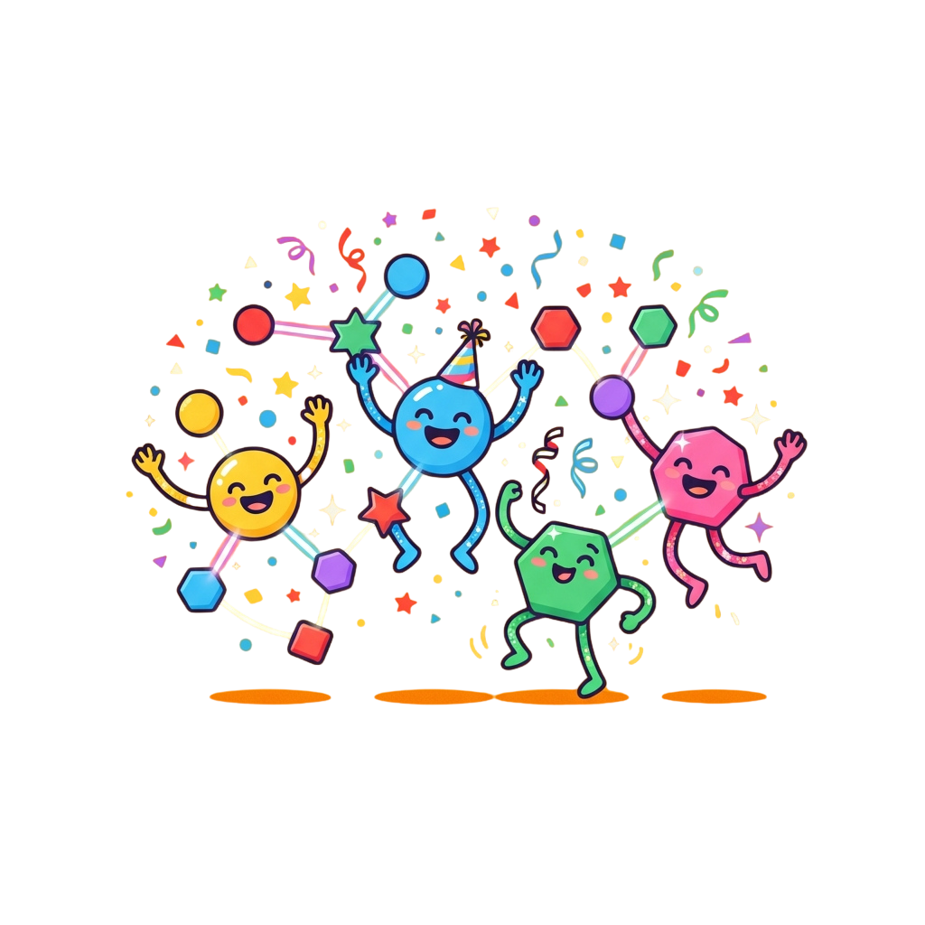 Four smiling emoji characters dancing with confetti and party shapes in a festive celebration