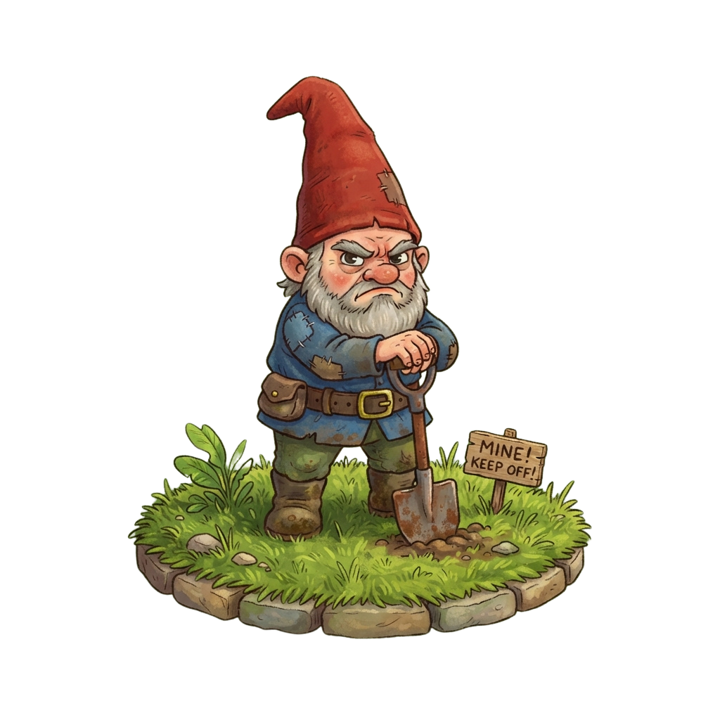A gnome with a red hat and beard stands holding a shovel next to a sign that says Mine Keep Off