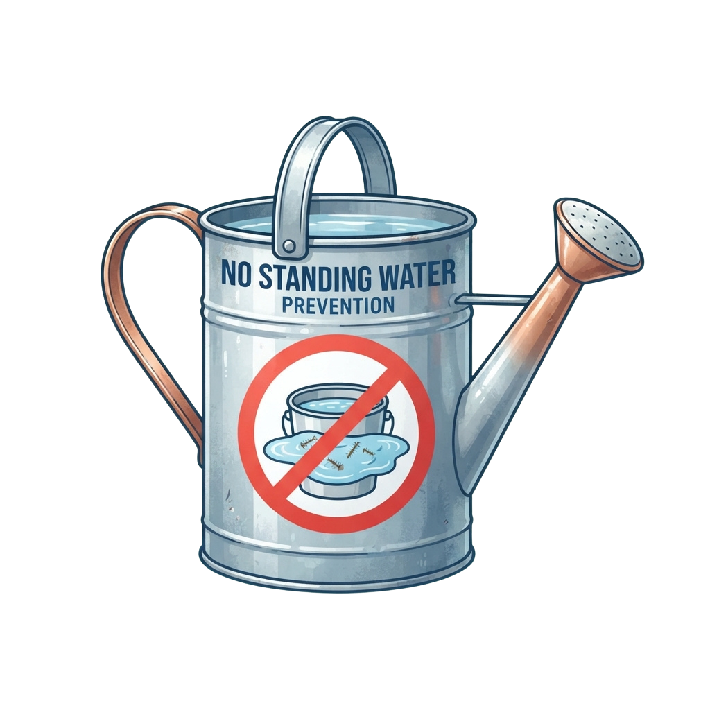 Illustration of a watering can with no standing water prevention symbol and crossed-out dishes of water