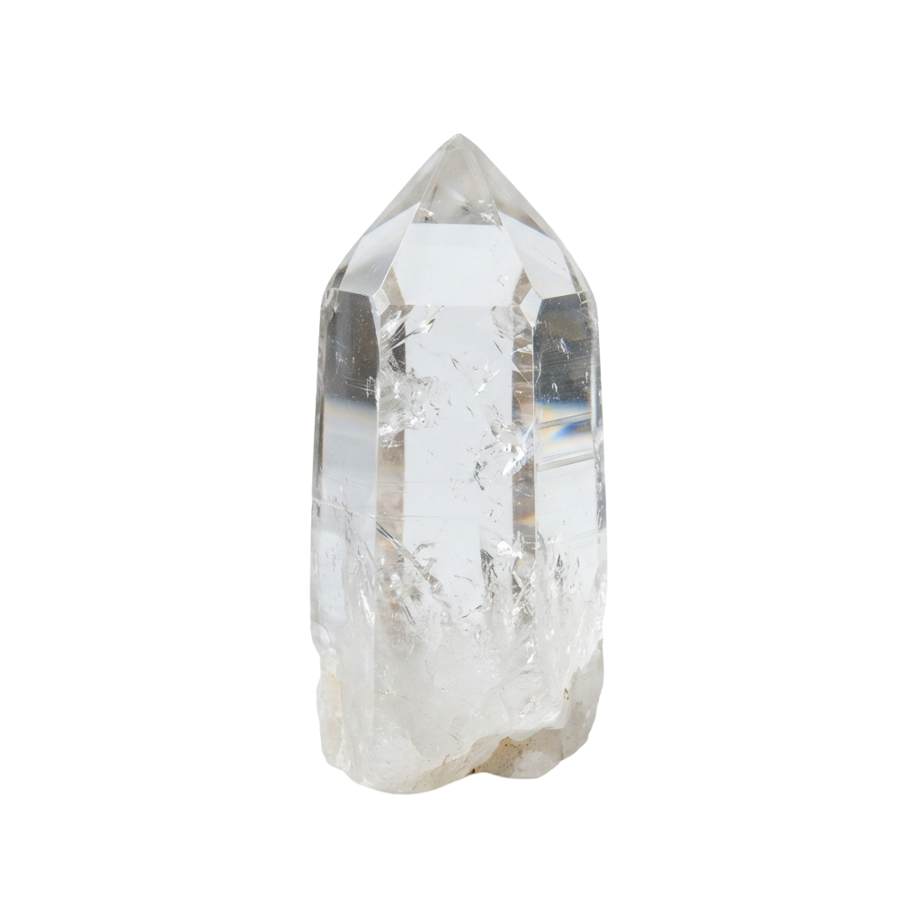 A clear, transparent quartz crystal point with a pointed top and smooth, reflective sides.