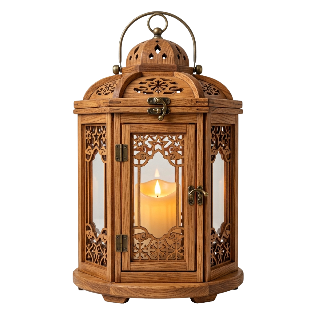 A wooden lantern with ornate carvings and a lit candle inside, emitting a warm glow.