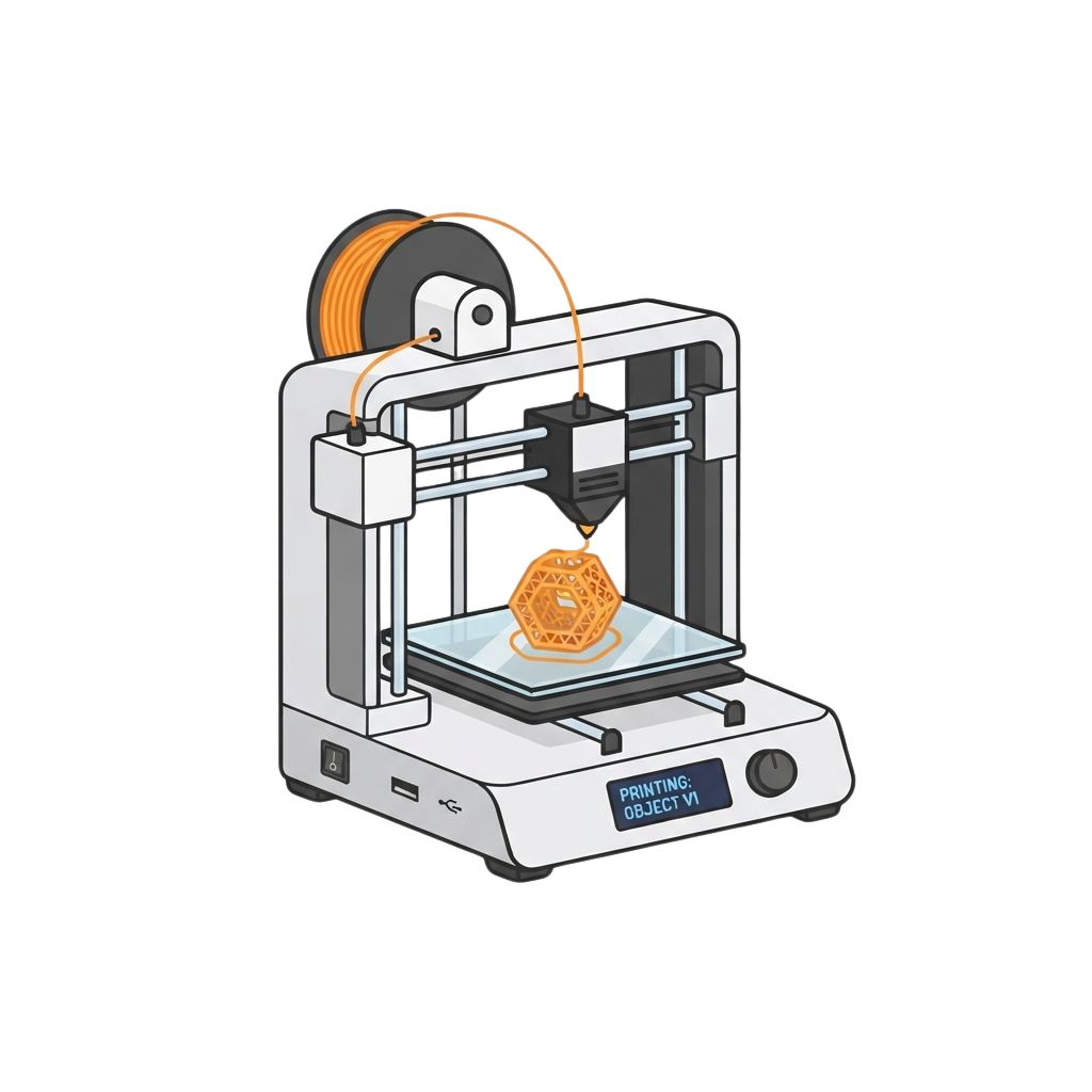 A 3D printer actively printing a small, intricate orange object using orange filament.