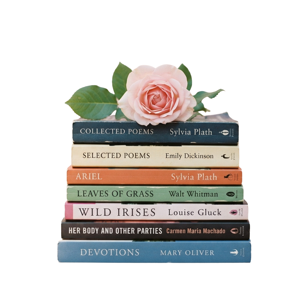Stack of six poetry books with a pink rose on top