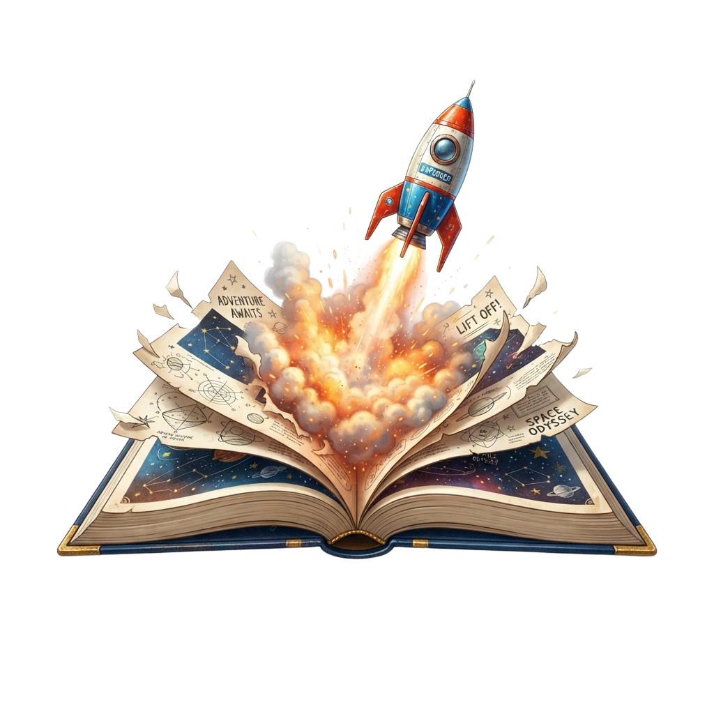 Illustration of an open book with a rocket launching from its pages, surrounded by space-themed elements