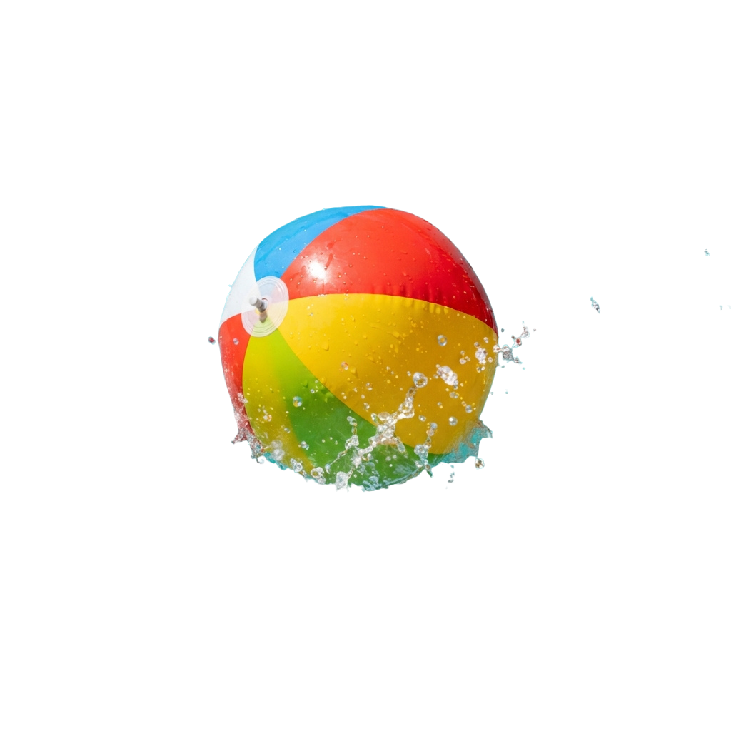 A multicolored beach ball partially submerged in water with splashing droplets around it