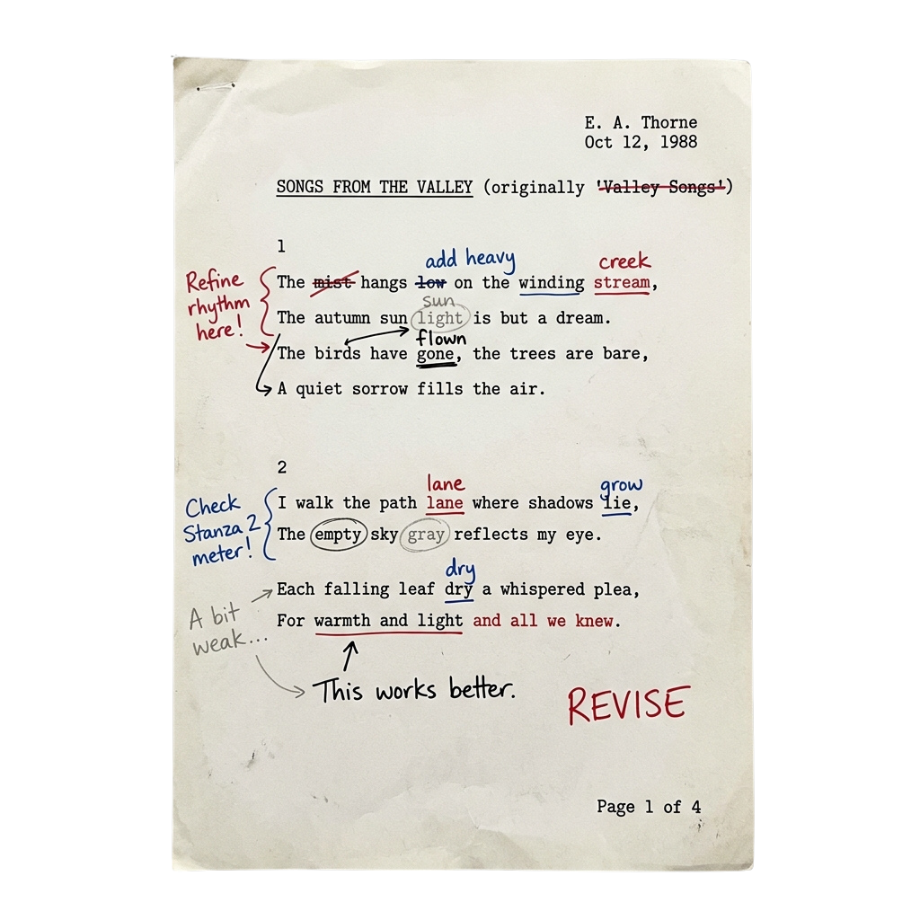Handwritten poetry notes with edits and annotations on a sheet of paper dated October 1988