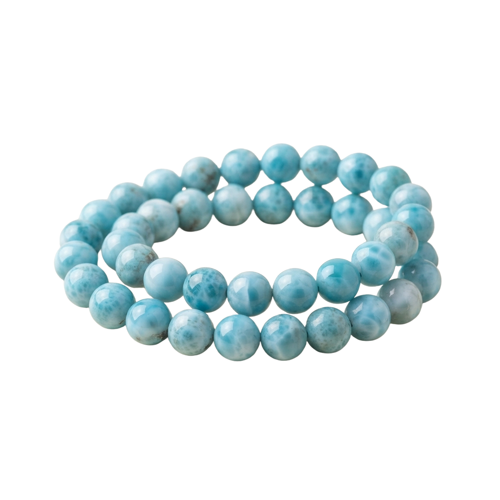 A bracelet made of round light blue Larimar beads arranged in three rows.