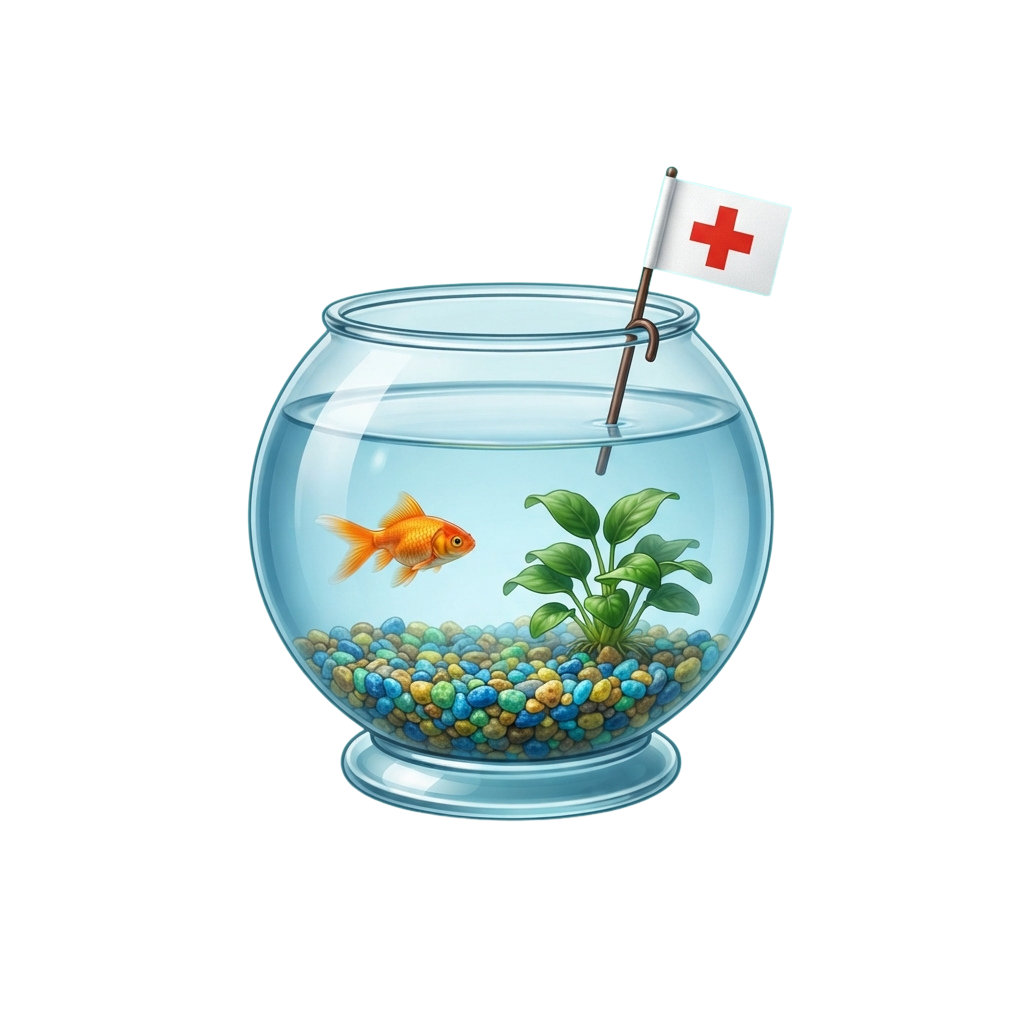 A fishbowl containing a goldfish, green plant, and colorful pebbles with a flag featuring a red cross on a white background