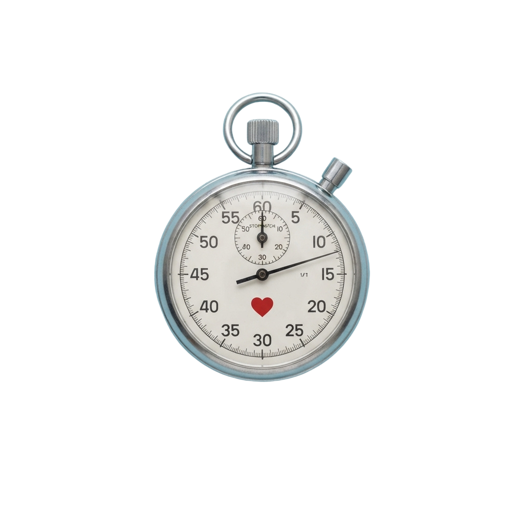 A stopwatch with a red heart symbol at the 40-second mark, indicating a pause or special note.