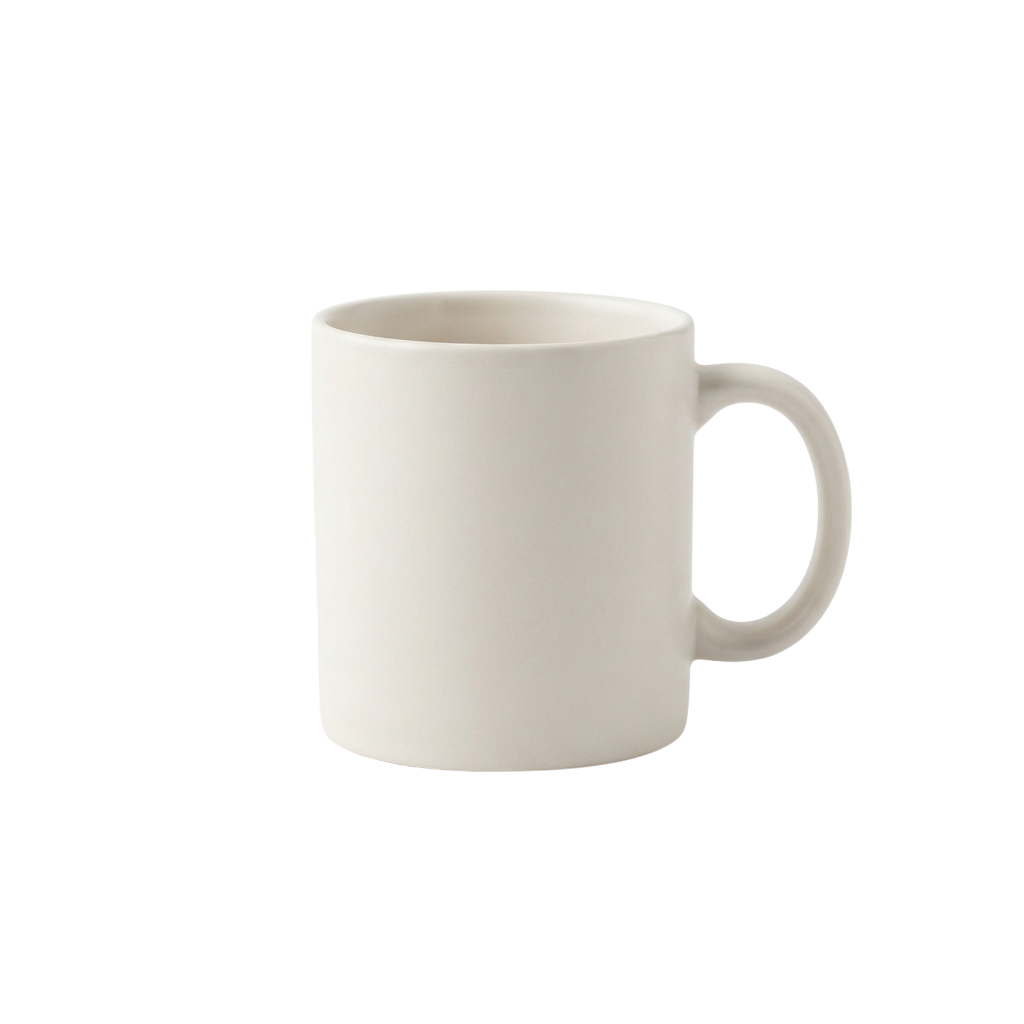 A plain white ceramic mug with a handle against a black background