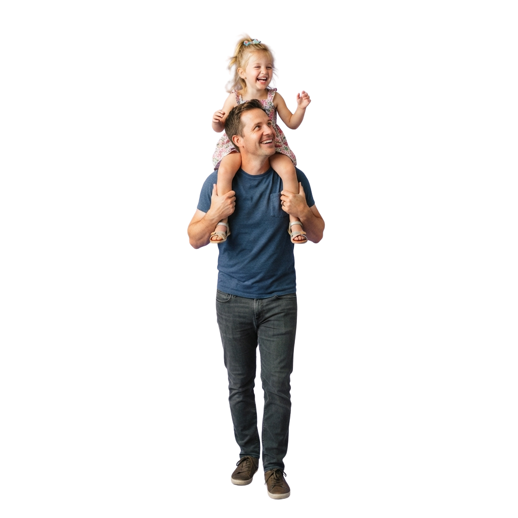 A man carrying a young girl on his shoulders, both smiling joyfully