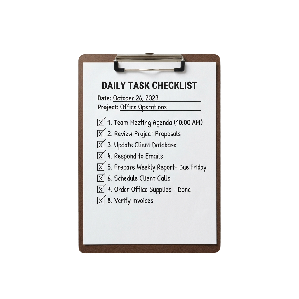 Clipboard showing a daily task checklist for office operations with eight completed tasks.