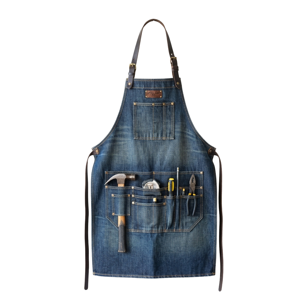 Blue denim apron with multiple pockets holding a hammer, wrench, pliers, and screwdriver