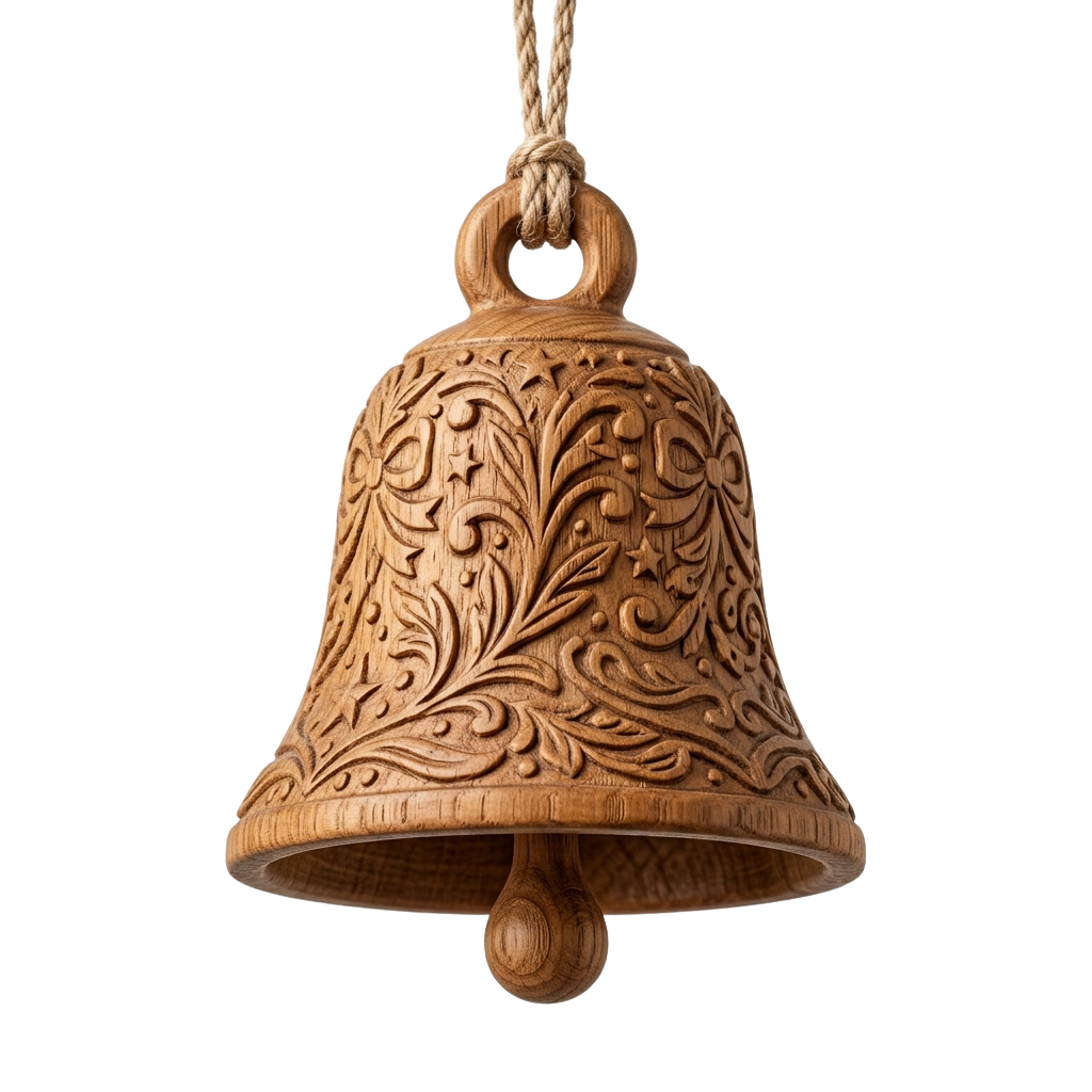 Decorative wooden bell with detailed floral carvings hanging from a rope.