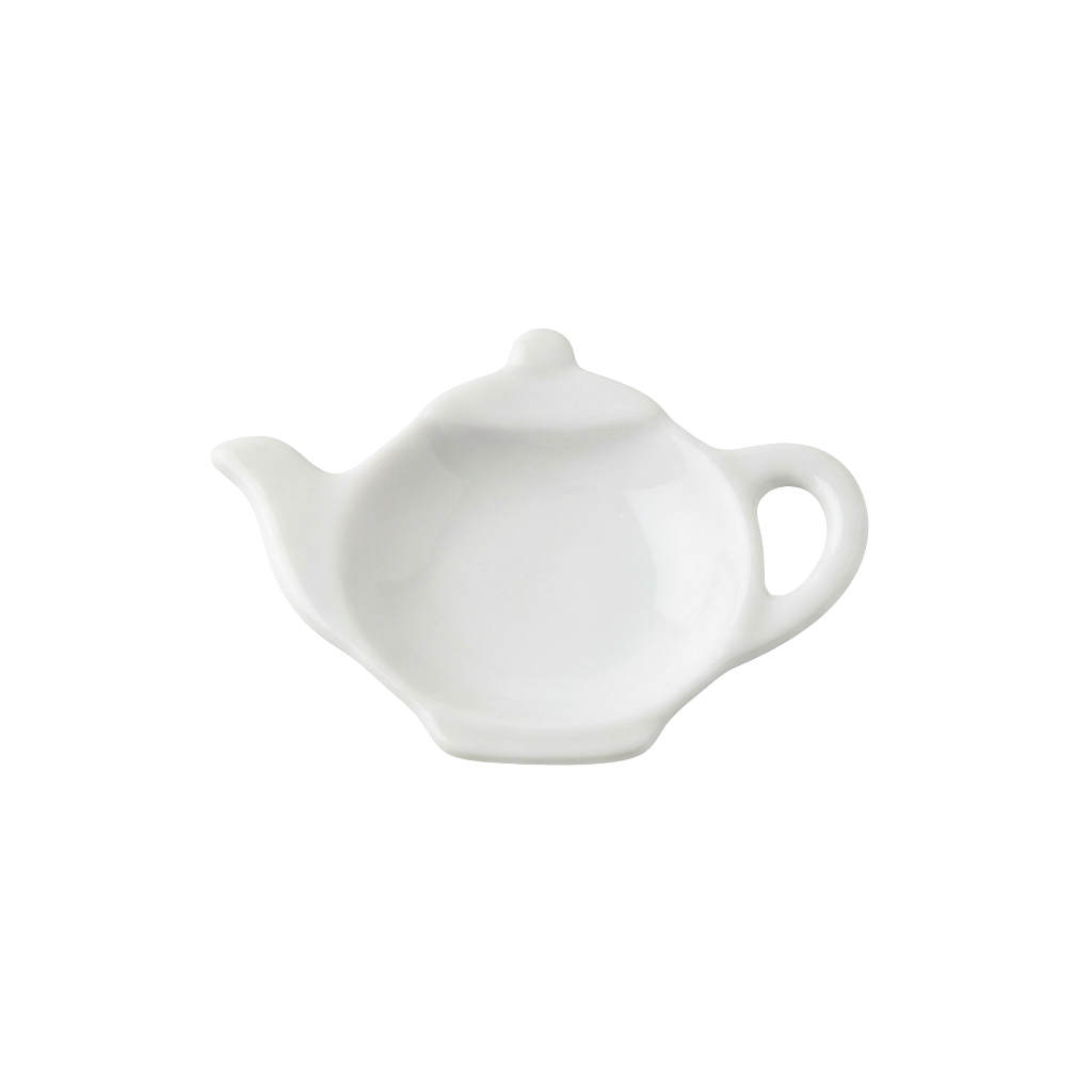 A white ceramic teapot viewed from the side showing its handle and spout