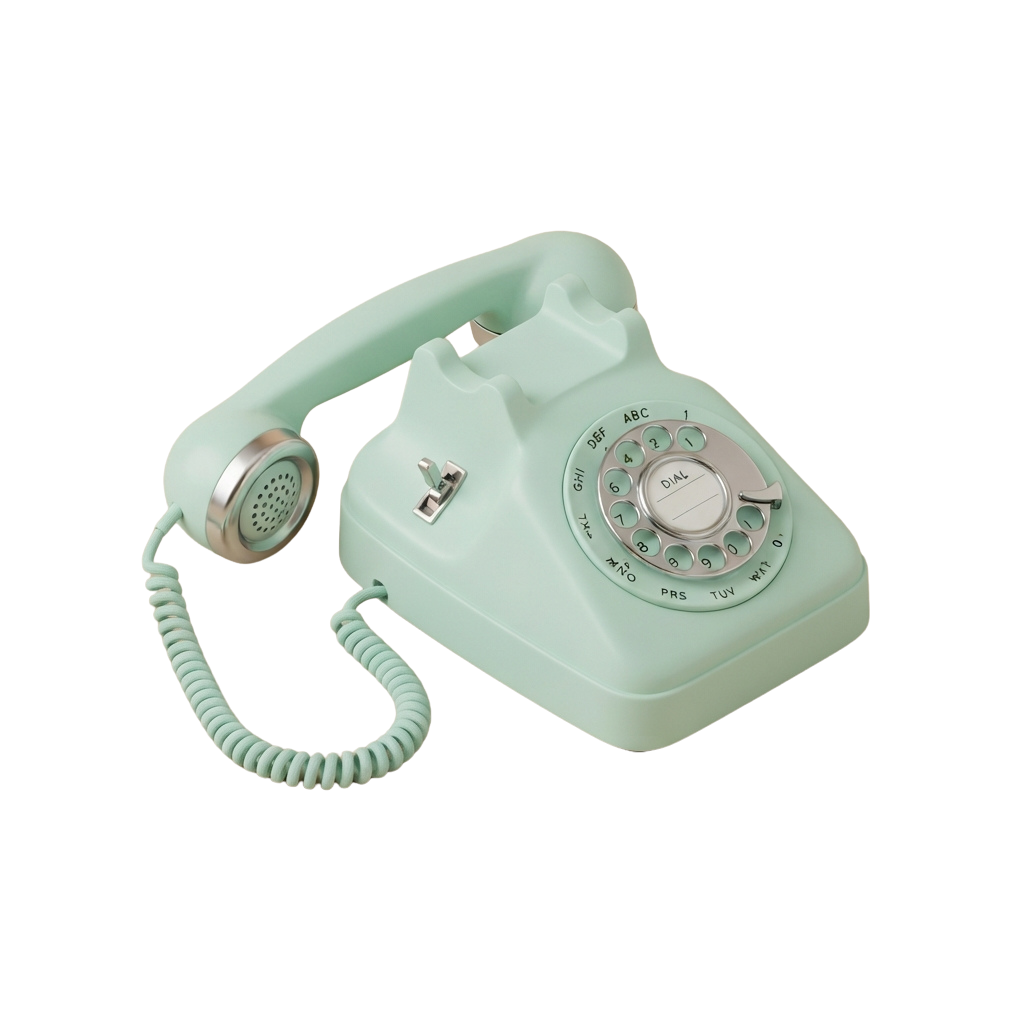 Mint green vintage rotary telephone with coiled cord and rotary dial