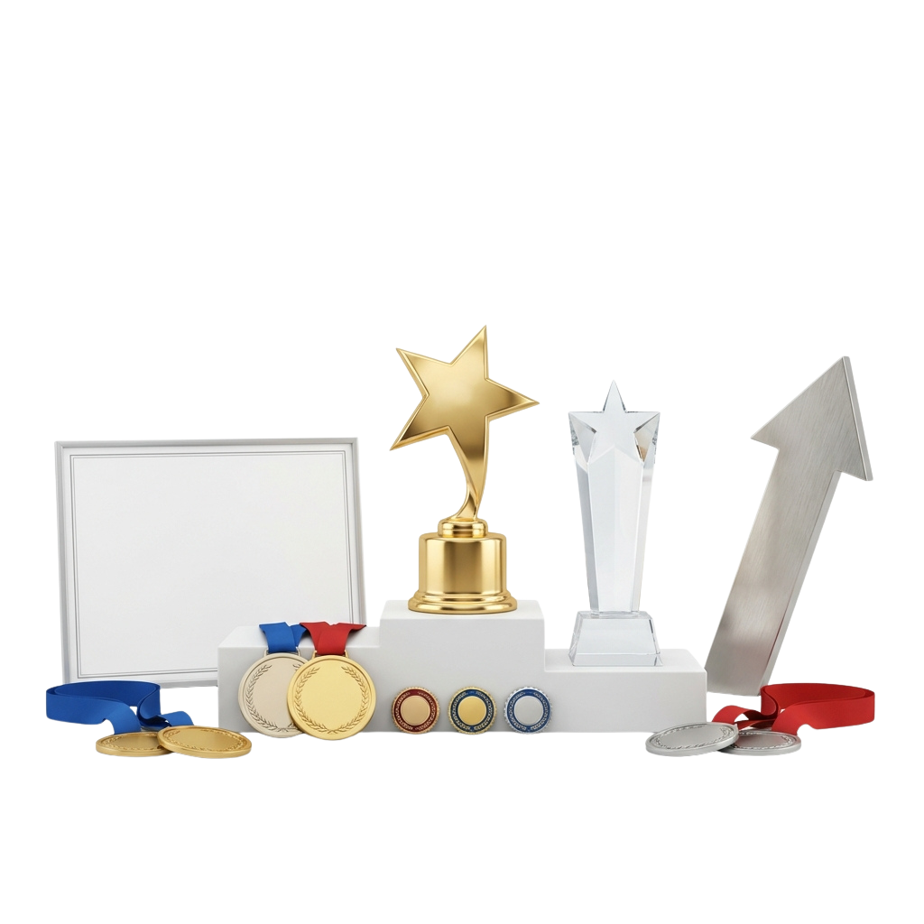 Assorted awards including a star trophy, medals, ribbons, and a certificate on a black background