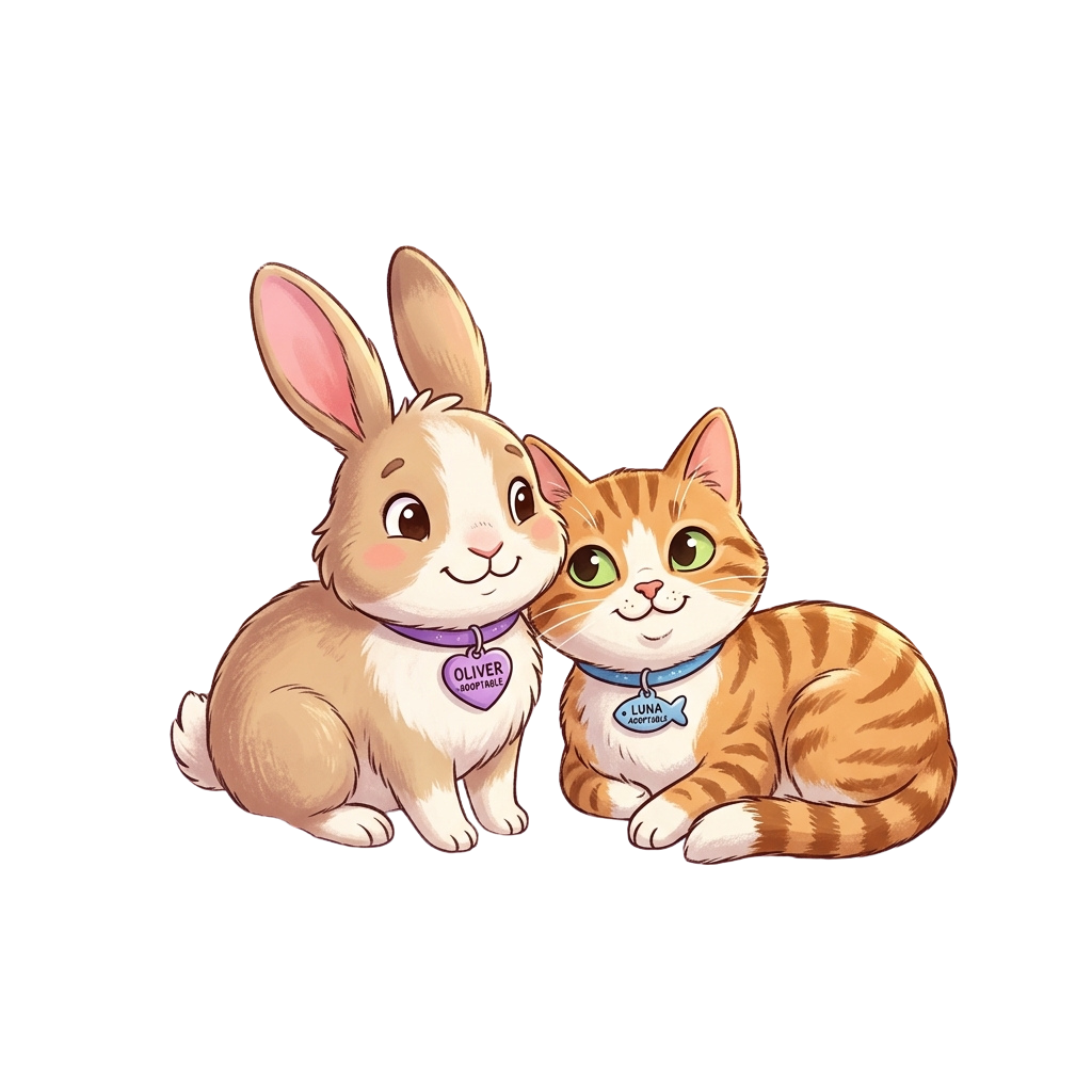 Illustration of a light brown rabbit and an orange tabby cat sitting side by side with name tags.
