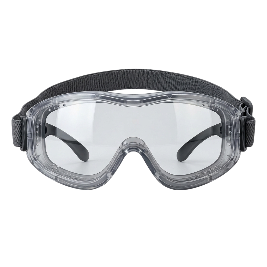 Clear protective safety goggles with gray padded headband and adjustable straps