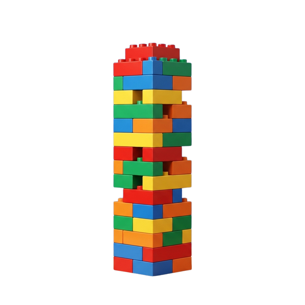 Tall tower made of colorful interlocking building blocks in red, blue, green, yellow, and orange.