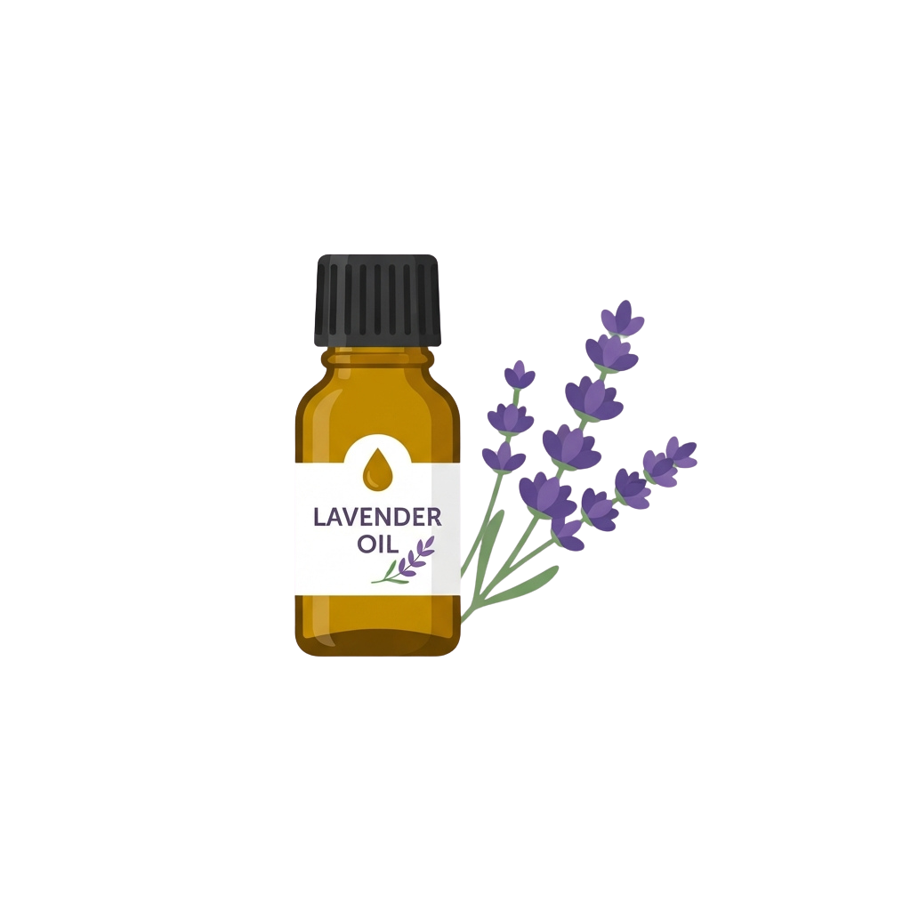 Illustration of a small amber lavender oil bottle with purple lavender flowers beside it