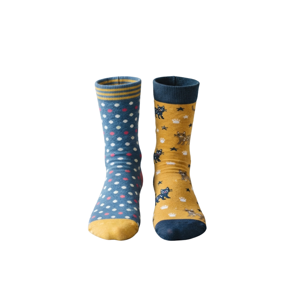 Pair of socks one with blue polka dots and pink stars, the other with yellow space cats and stars