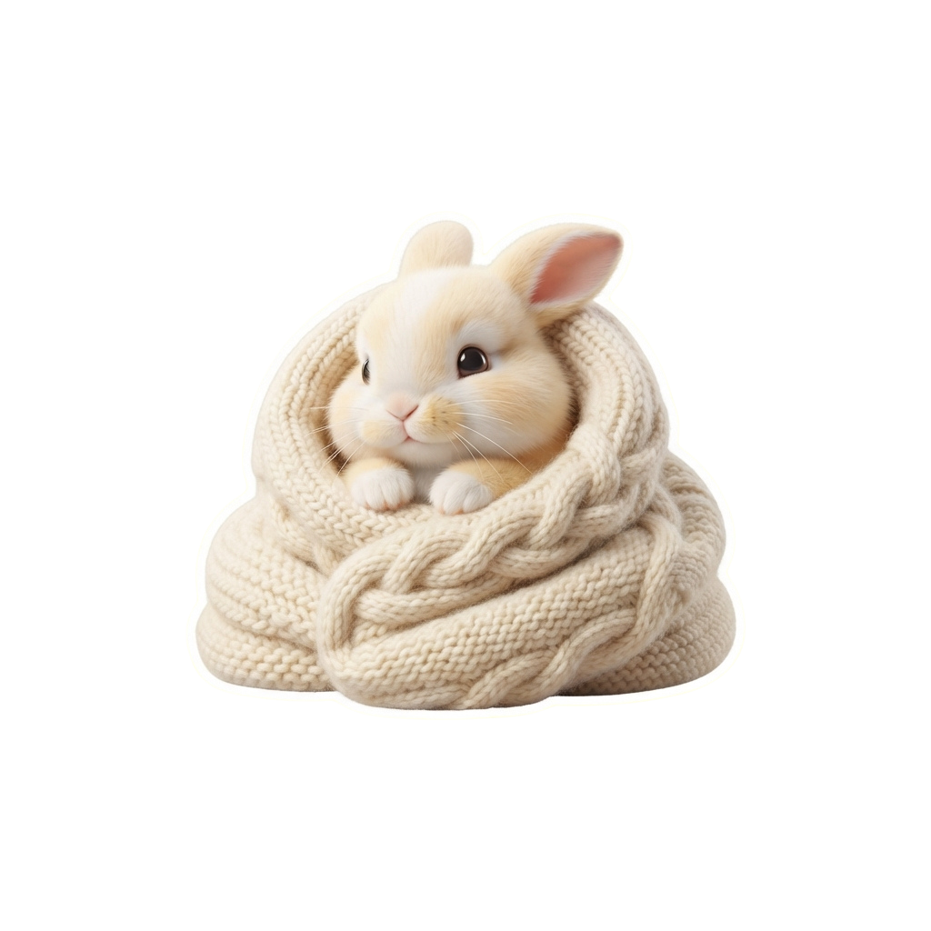 A soft toy baby rabbit wrapped in a beige knitted scarf.
