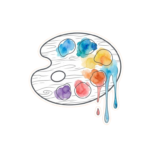 Illustration of a watercolor paint palette with colorful paint splatters and drips