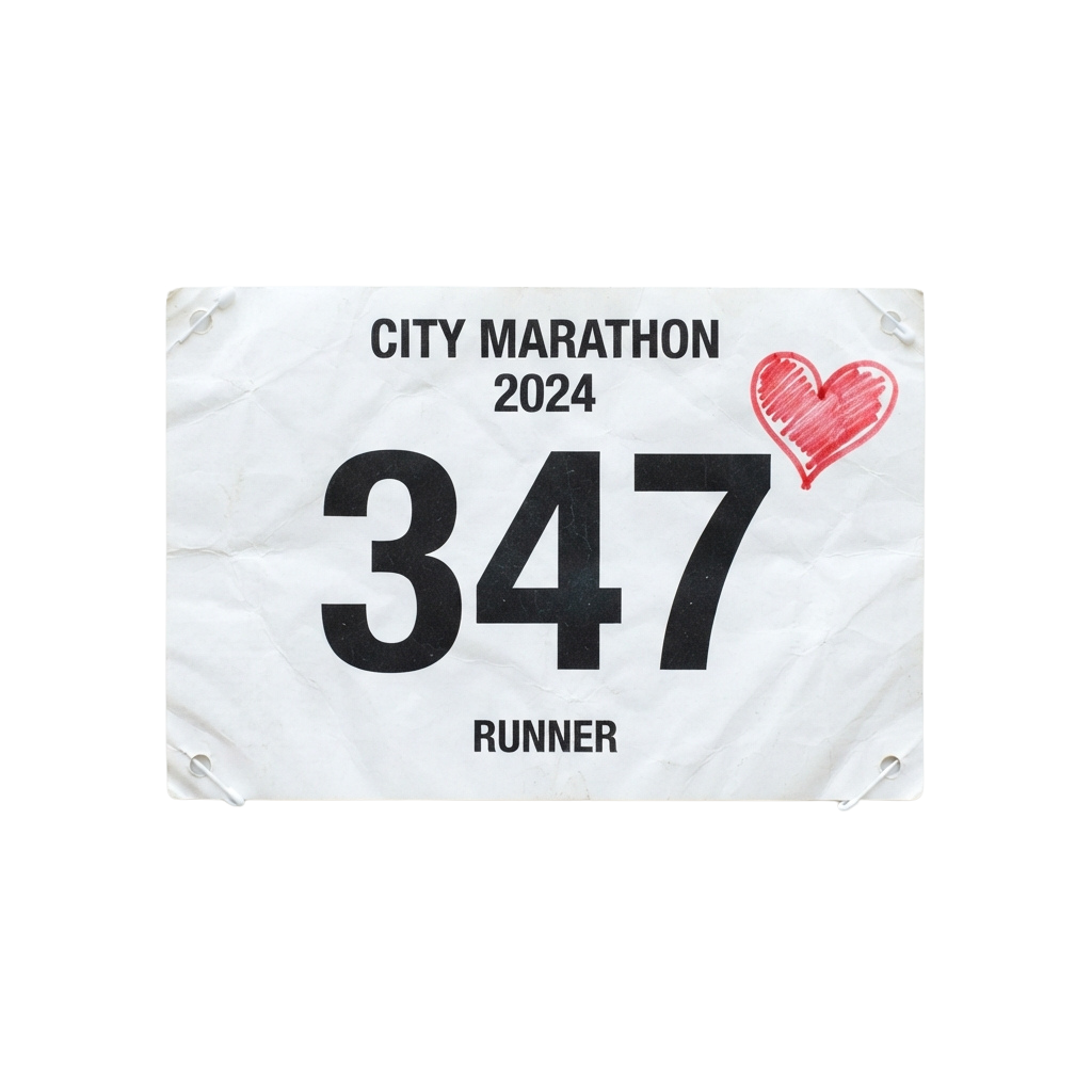White marathon bib displaying number 347 with a red heart sticker, labeled City Marathon 2024 Runner