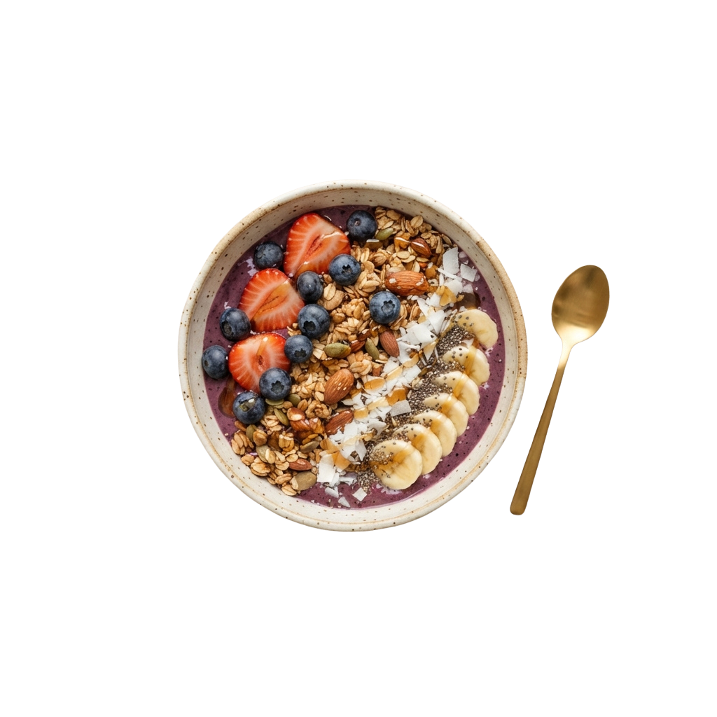 A smoothie bowl with berries, granola, banana slices, nuts, and seeds in a white bowl with a spoon.