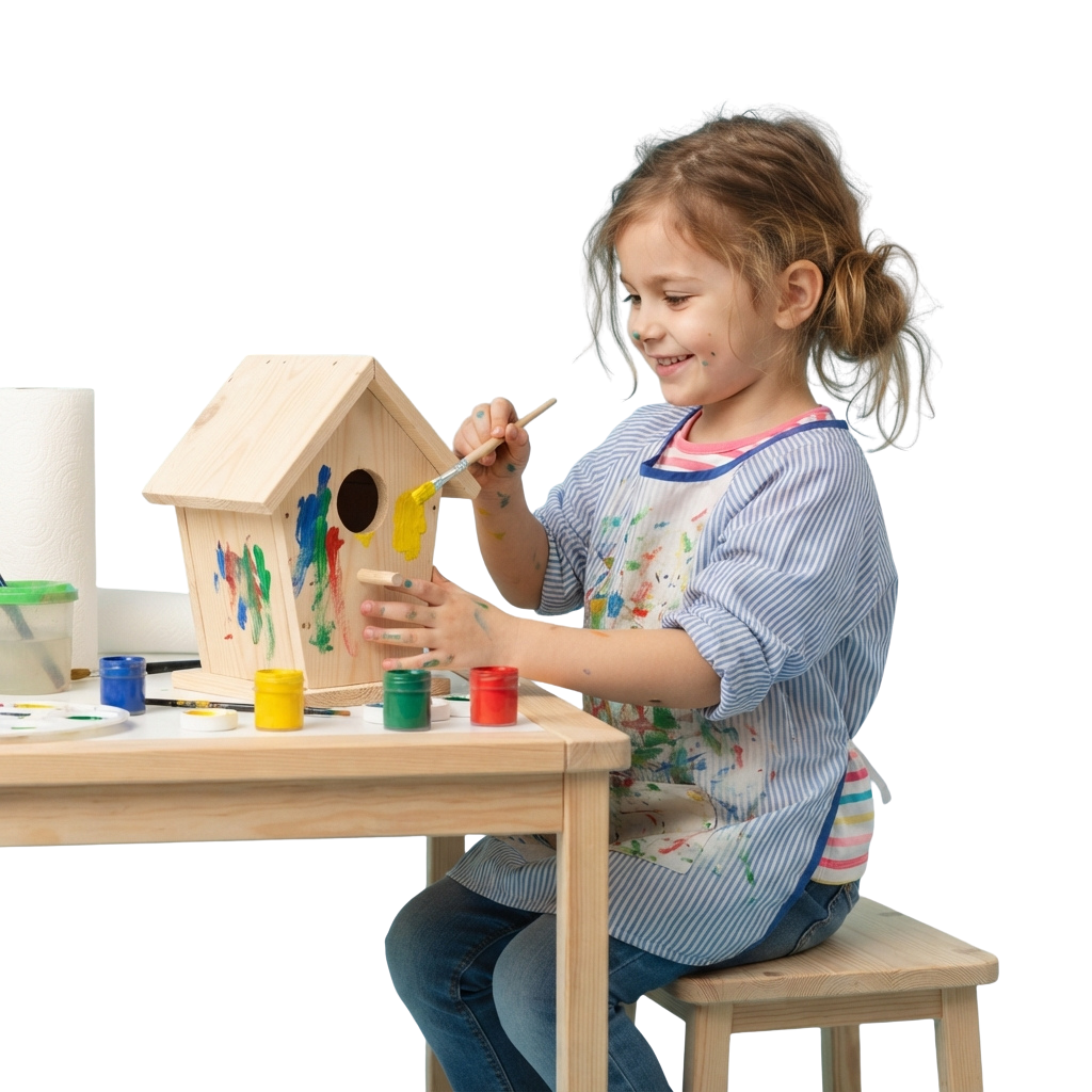 A young girl painting a wooden birdhouse with brushes and acrylic paints at a table