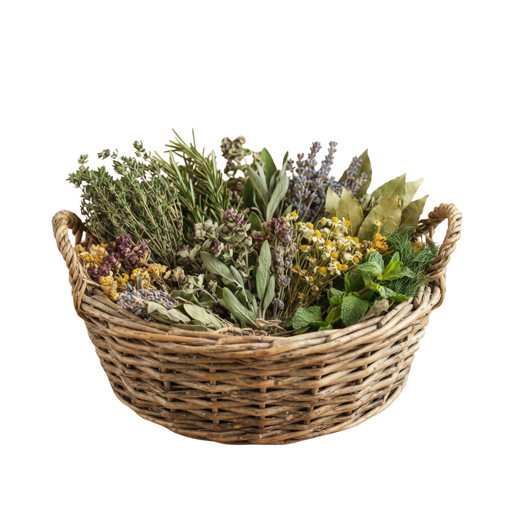 A woven basket filled with various dried herbs and flowers including lavender, mint, and yellow blossoms