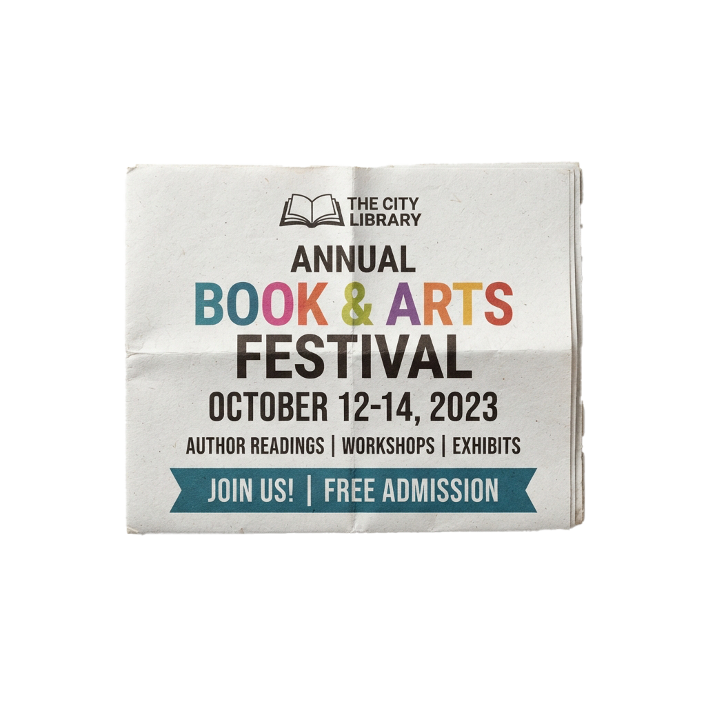 Poster announcing the Annual Book and Arts Festival from October 12-14, 2023, featuring author readings, workshops, and exhibits with free admission