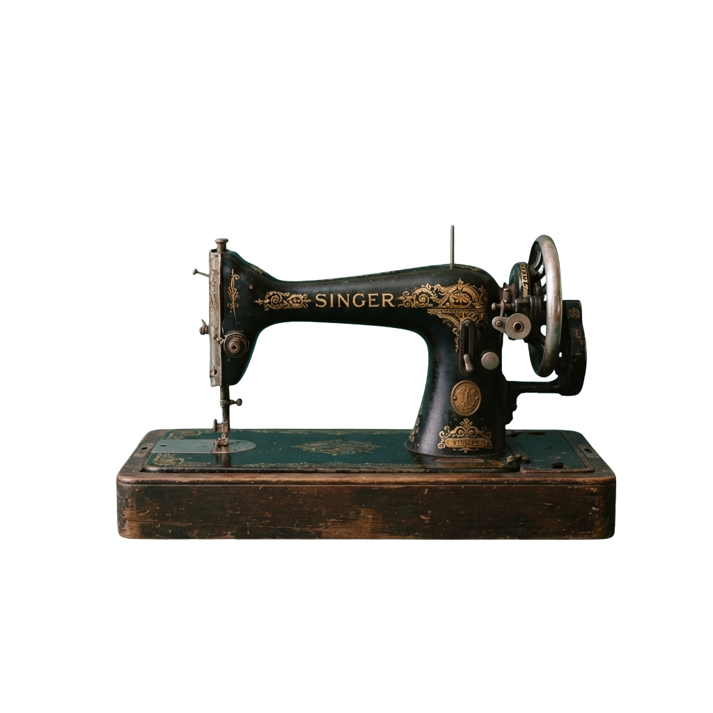 Old-fashioned sewing machine with ornate gold detailing on a wooden base