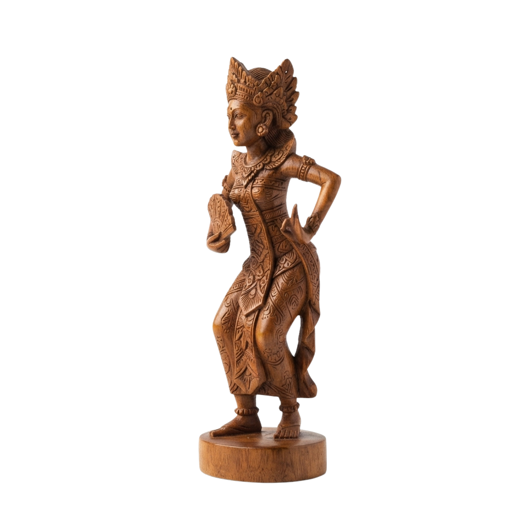 A detailed wooden sculpture of a female figure with ornate carvings and traditional attire
