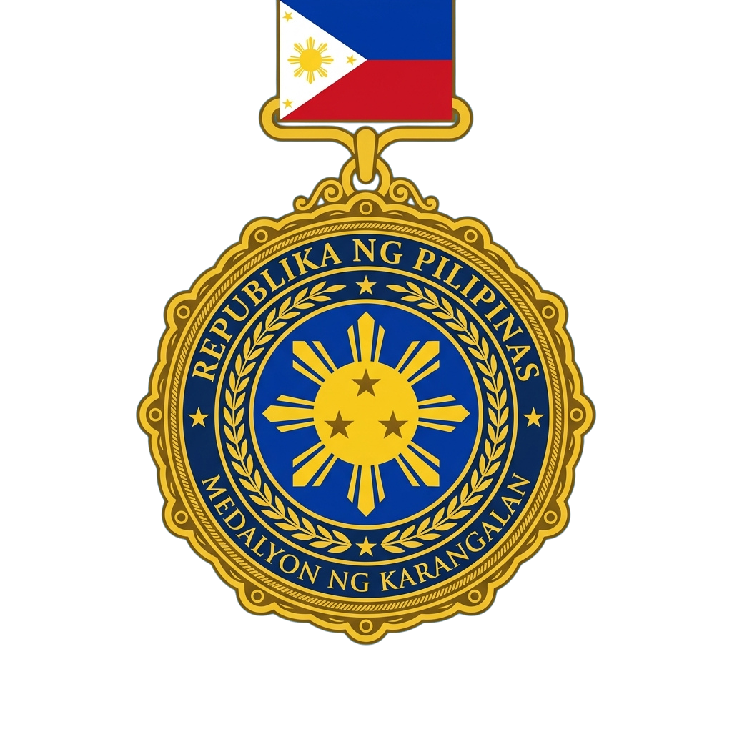 Gold-colored medal with Philippine flag ribbon, featuring Republic of the Philippines emblem and text Medalyon ng Karangalan