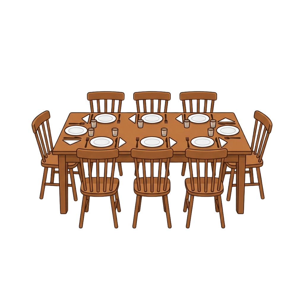 Illustration of a wooden dining table set for eight with chairs, plates, glasses, and cutlery