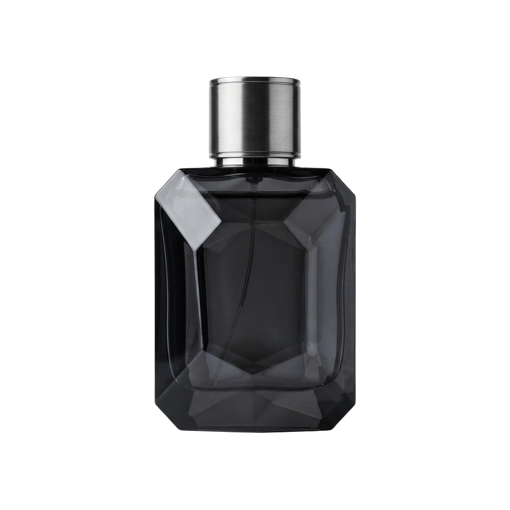 Hexagonal glass perfume bottle with a metallic cap against a black background