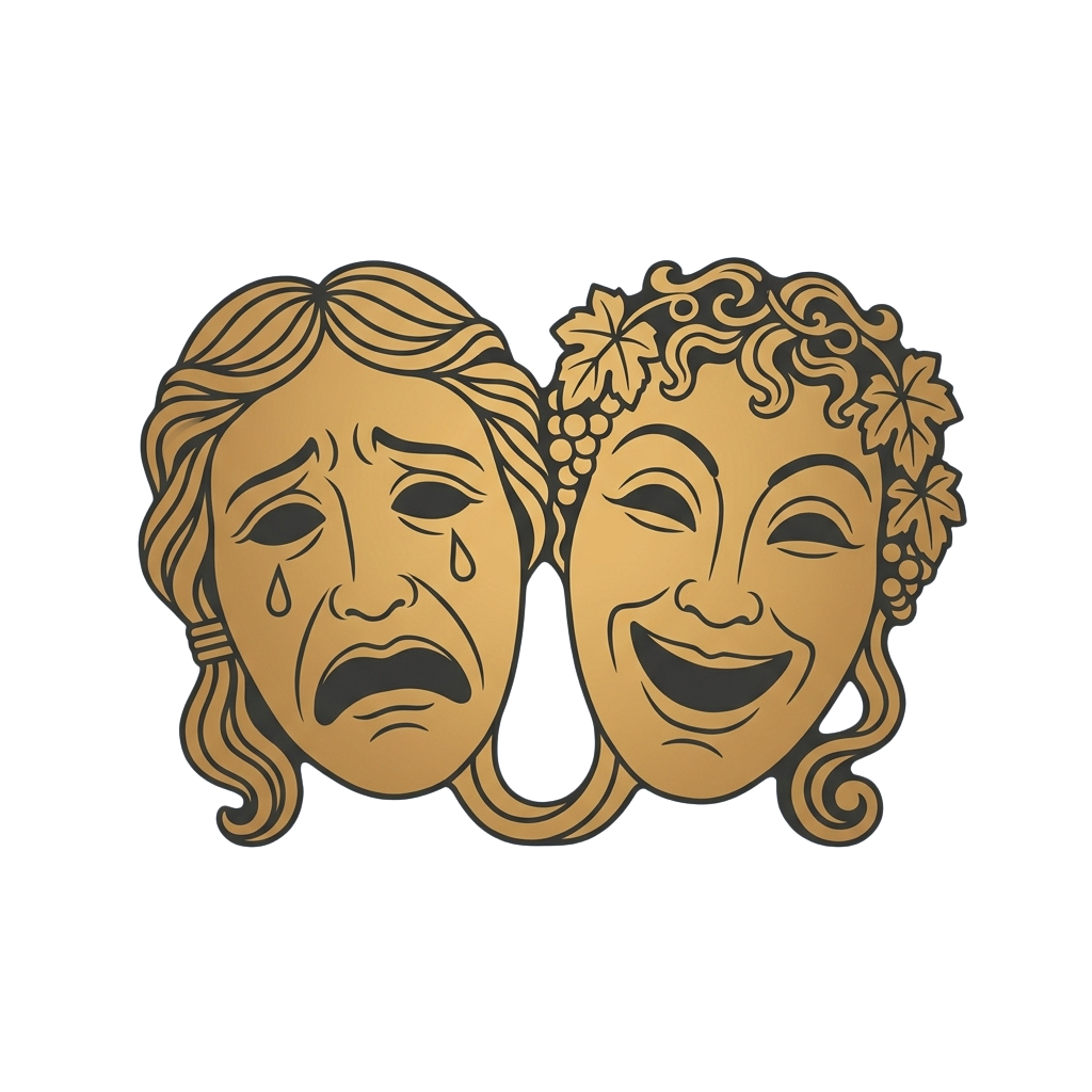 Two classic theater masks side by side, one showing sadness with tears and frown, the other showing joy with a smile and grapevine wreath.