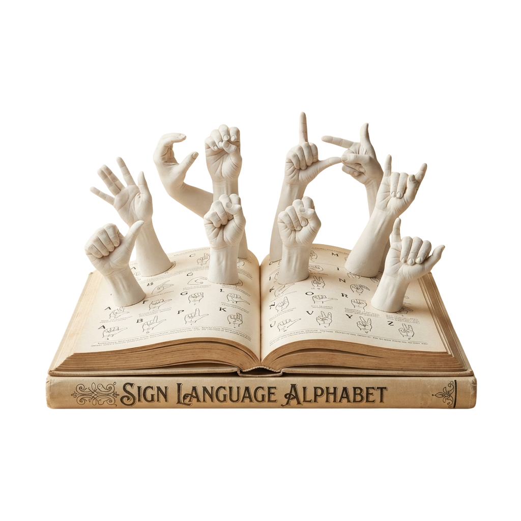 Open book titled Sign Language Alphabet with white hand sculptures forming letters above it