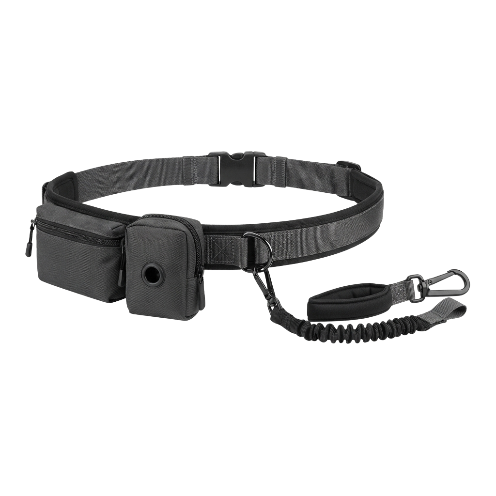 Gray tactical waist belt with a camera mount and attached bungee cord for securing equipment.
