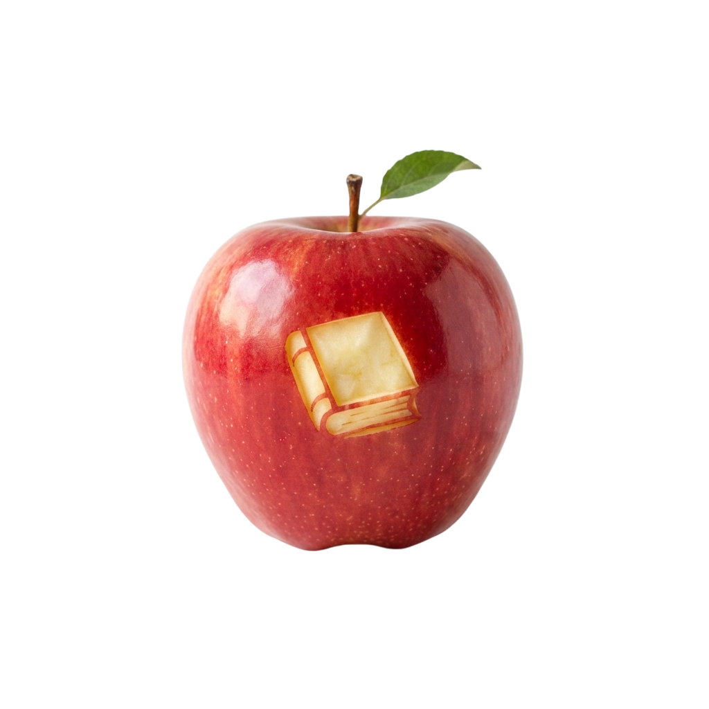 A red apple with a book icon embedded in its skin and a green leaf on top